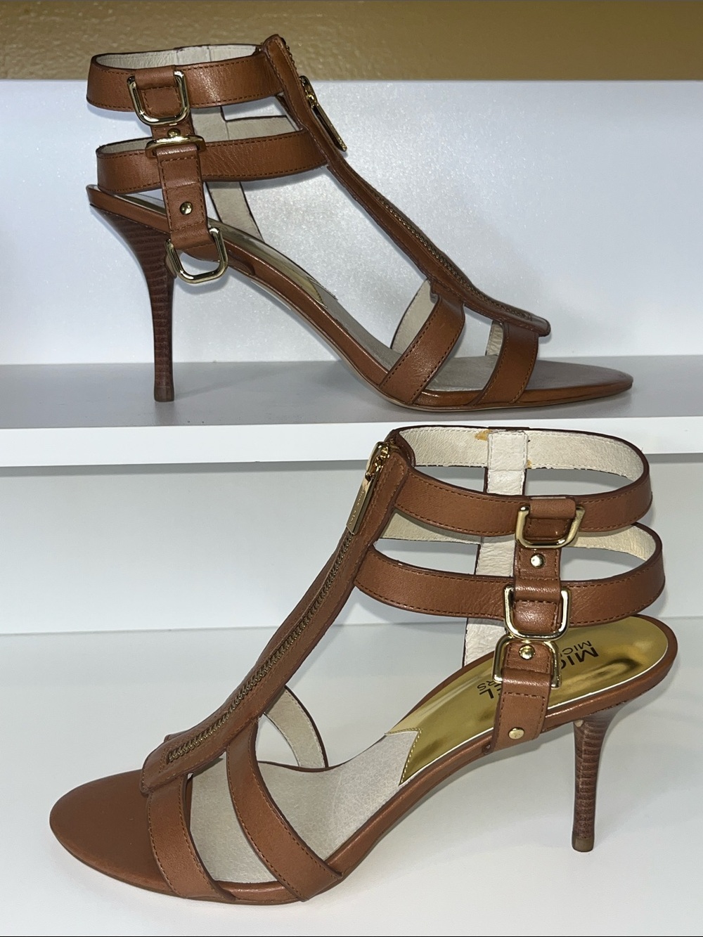 Michael Michael Kors Brown Strappy T-Strap zipper detail High Heel Sandals